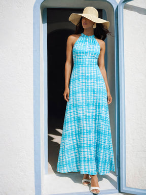 Blue Tie & Dye Halter Neck Maxi Dress-SASSAFRAS