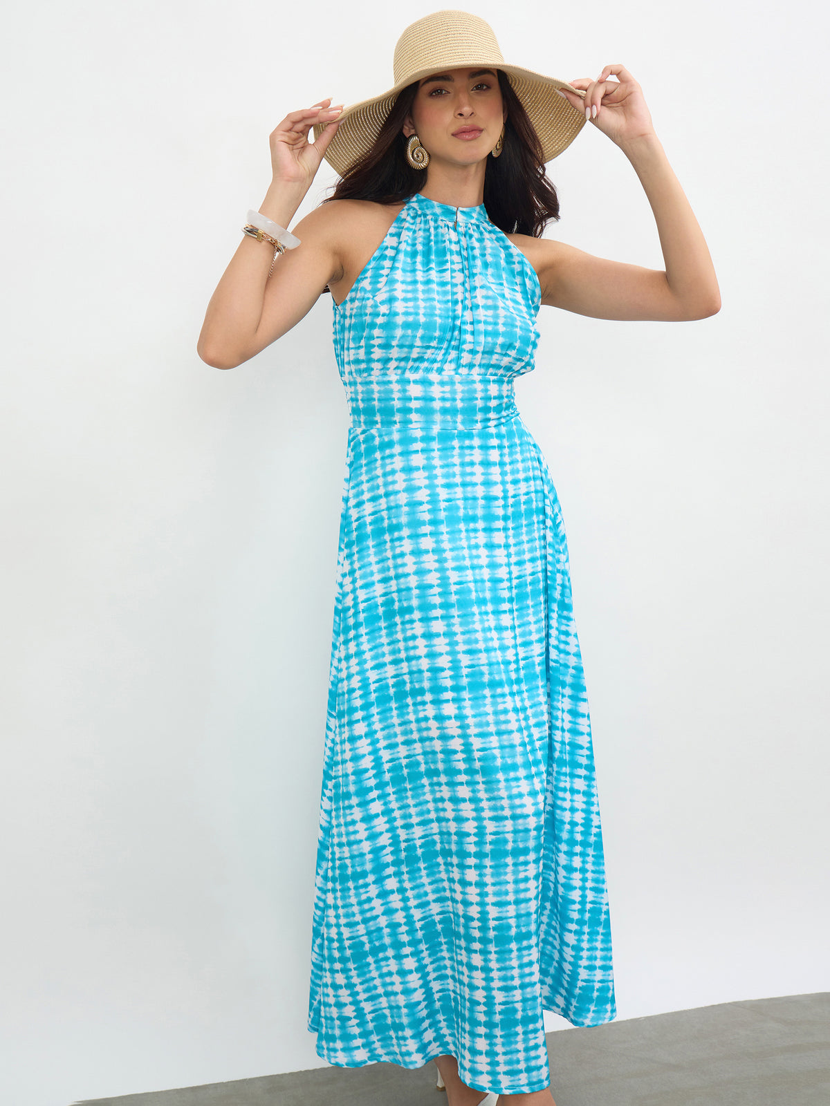 Blue Tie & Dye Halter Neck Maxi Dress-SASSAFRAS