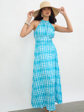 Blue Tie & Dye Halter Neck Maxi Dress-SASSAFRAS