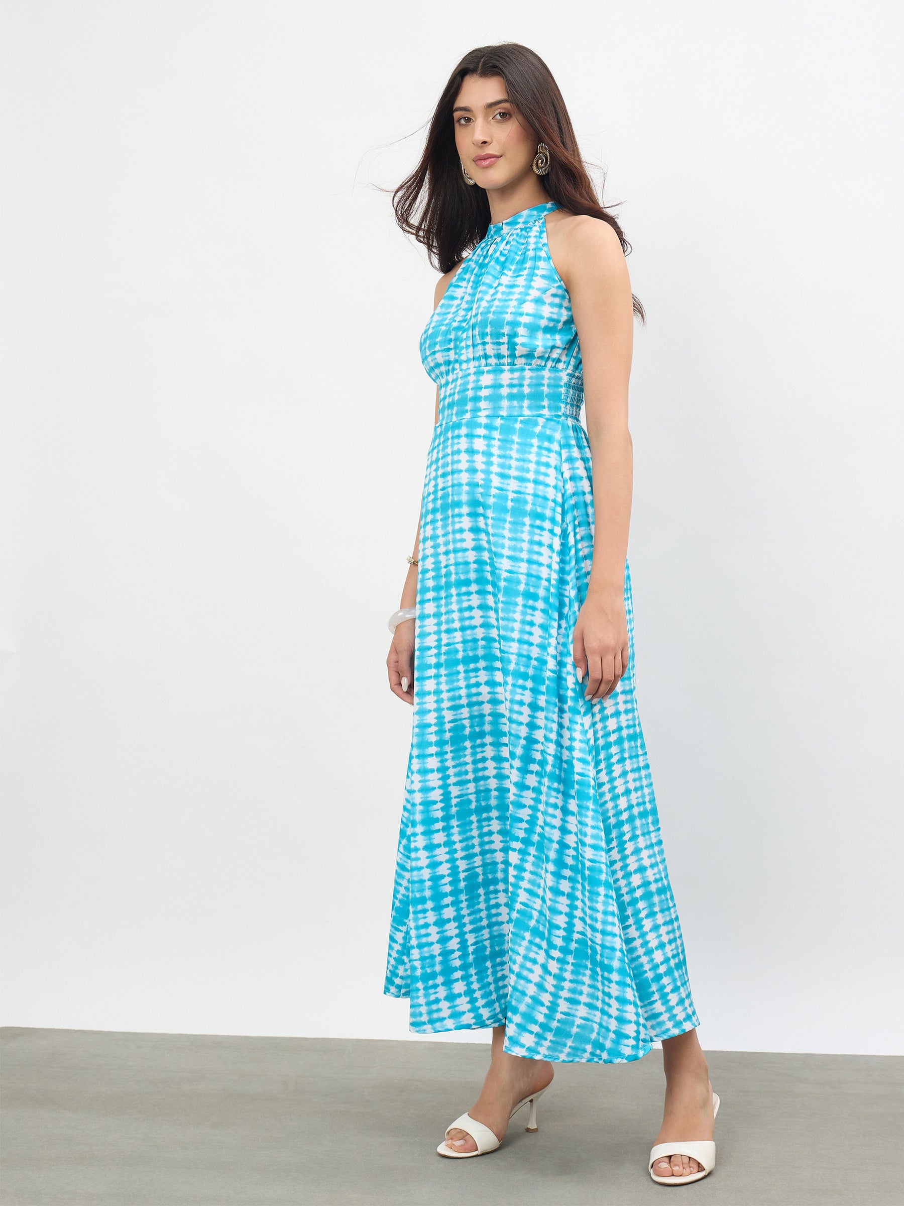 Blue Tie & Dye Halter Neck Maxi Dress-SASSAFRAS