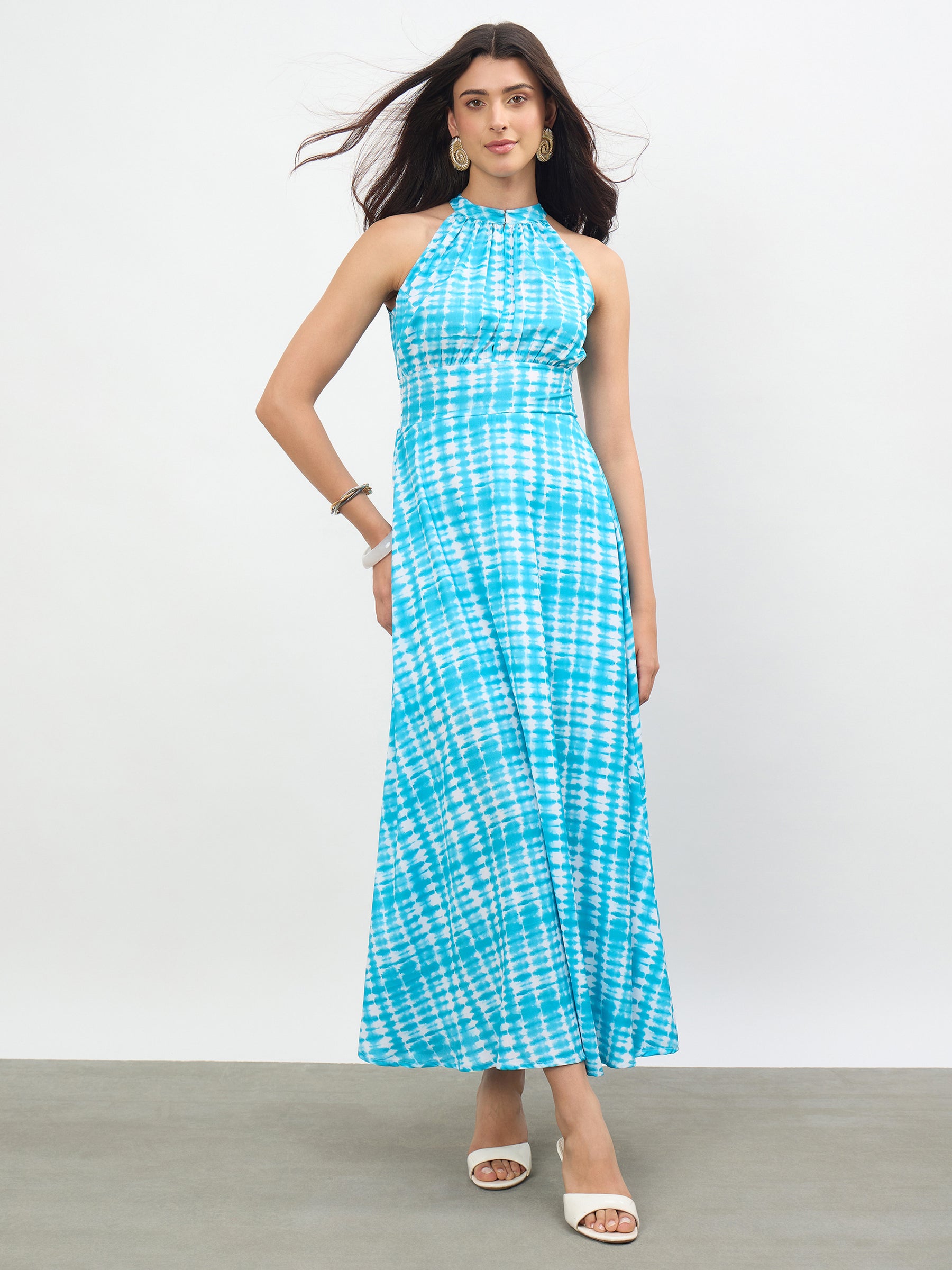 Blue Tie & Dye Halter Neck Maxi Dress-SASSAFRAS