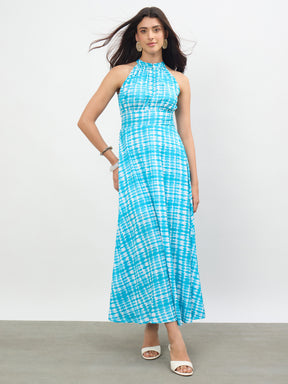 Blue Tie & Dye Halter Neck Maxi Dress-SASSAFRAS
