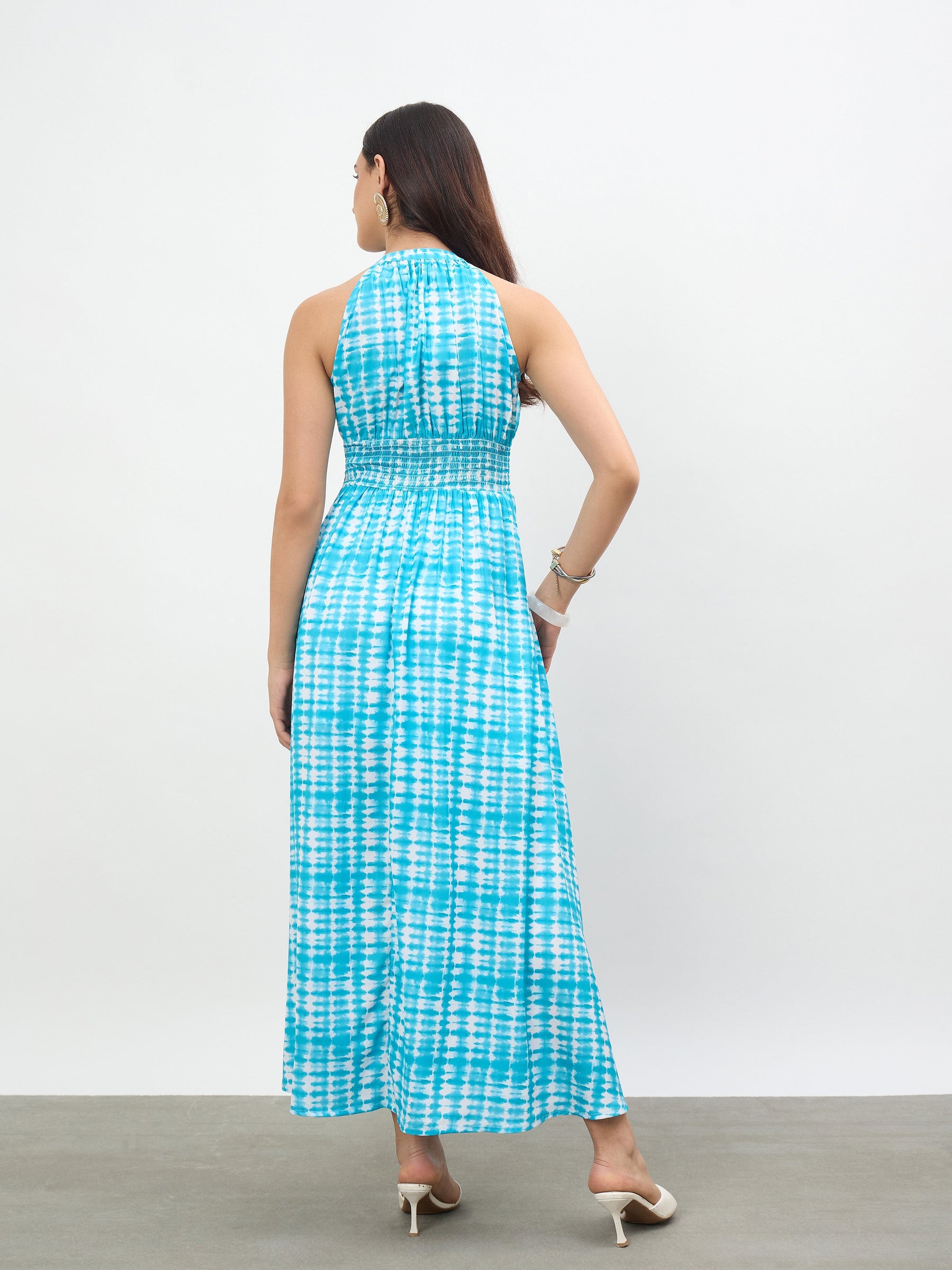 Women Blue Tie & Dye Halter Neck Maxi Dress
