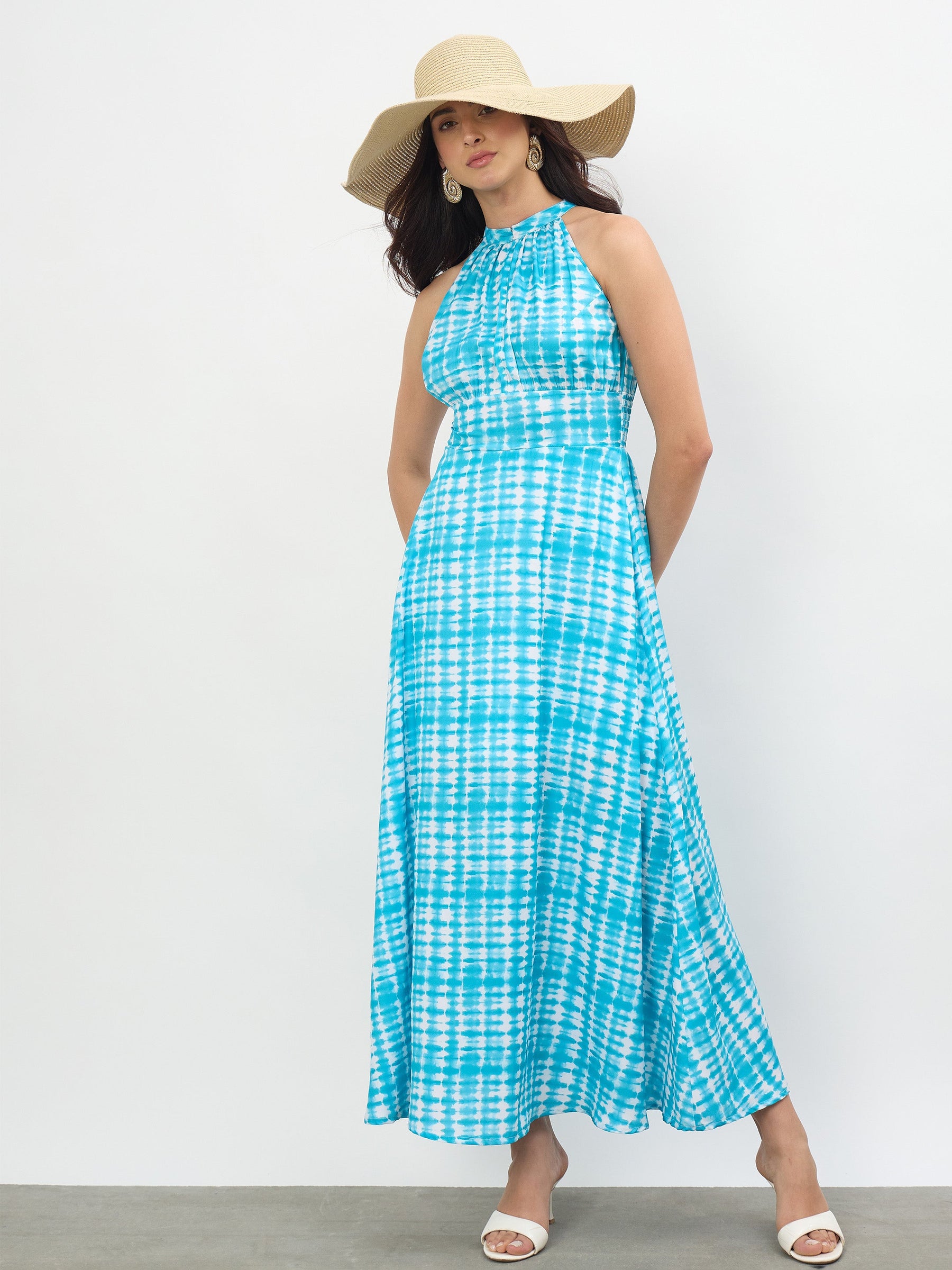 Women Blue Tie & Dye Halter Neck Maxi Dress