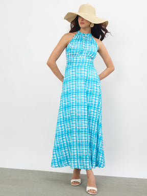 Women Blue Tie & Dye Halter Neck Maxi Dress