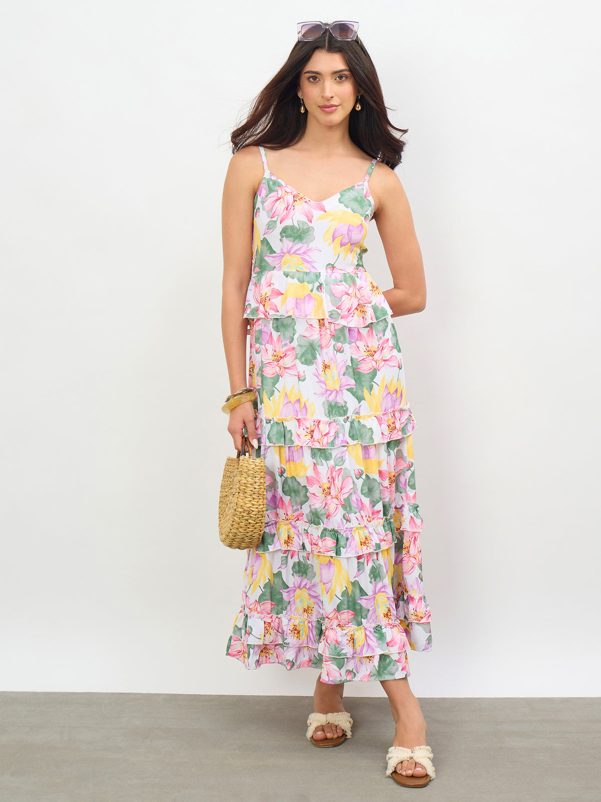 White Multi Floral Strappy Tiered Midi Dress -SASSAFRAS