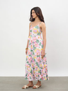 White Multi Floral Strappy Tiered Midi Dress -SASSAFRAS
