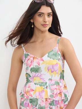 White Multi Floral Strappy Tiered Midi Dress -SASSAFRAS