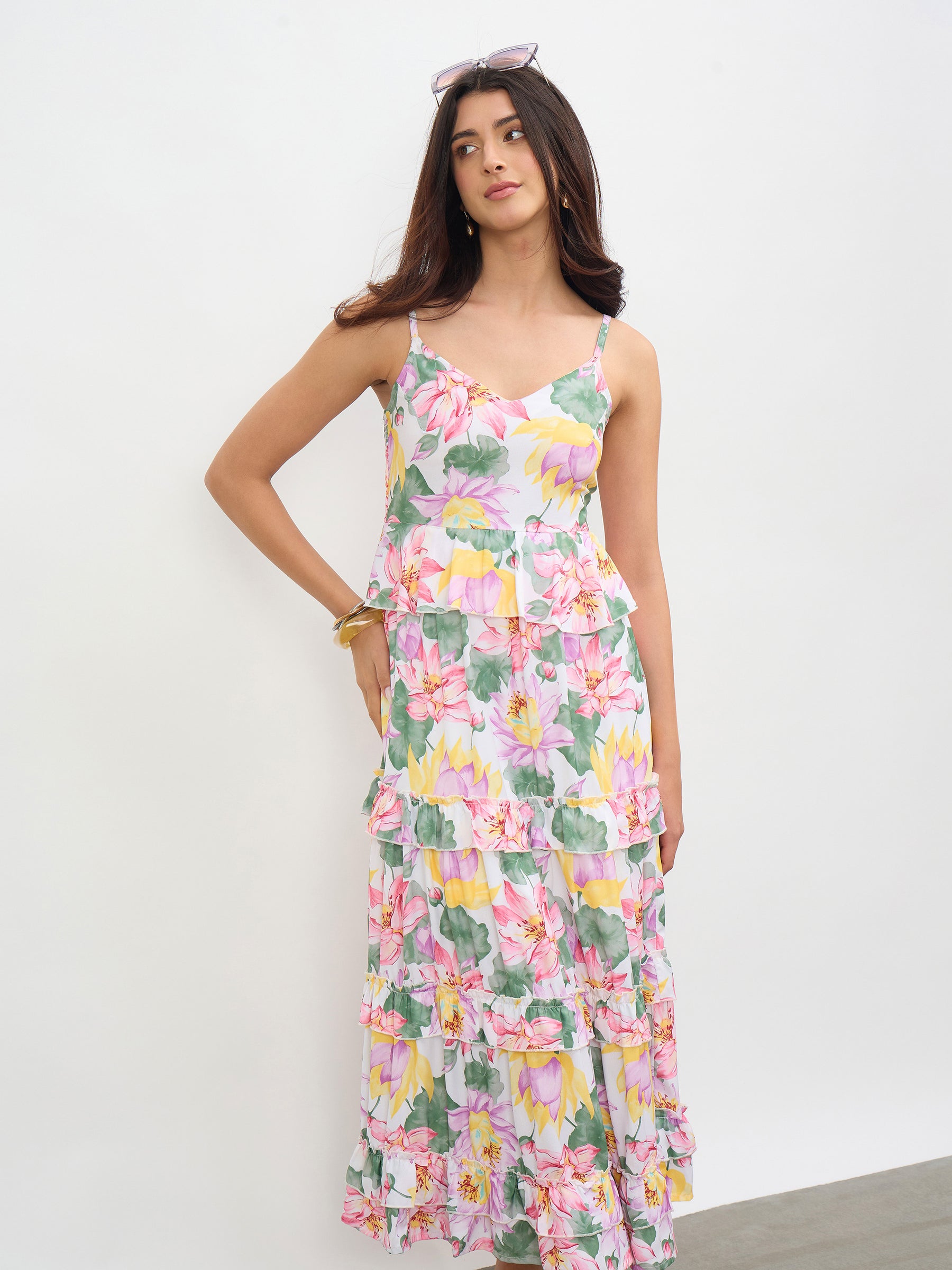 White Multi Floral Strappy Tiered Midi Dress -SASSAFRAS