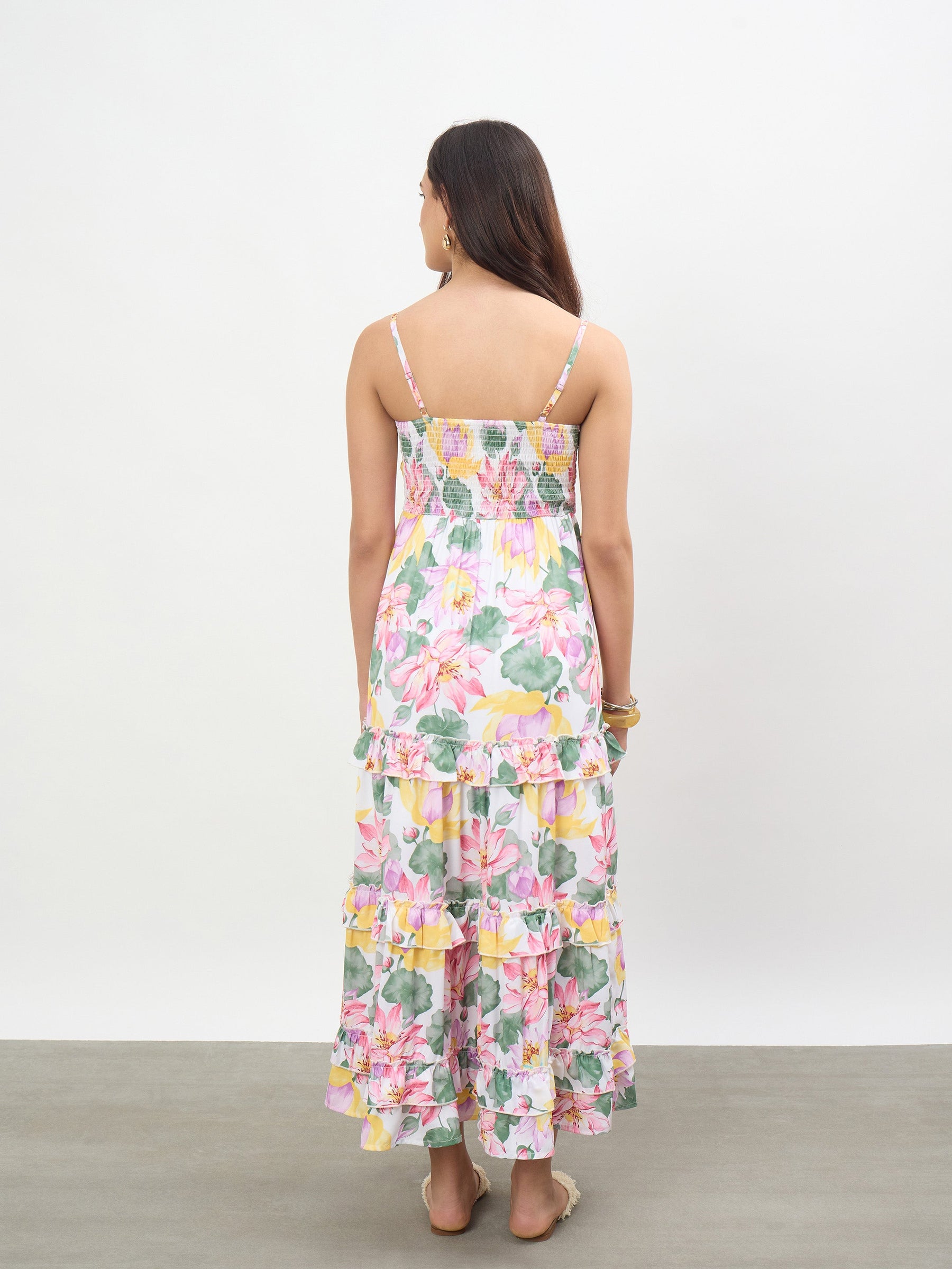 Women White Multi Floral Strappy Tiered Midi Dress