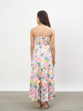 Women White Multi Floral Strappy Tiered Midi Dress