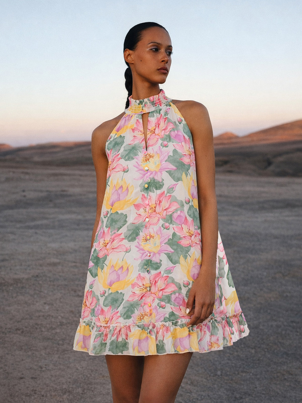 White Multi Floral Halter Neck A-Line Short Dress-SASSAFRAS