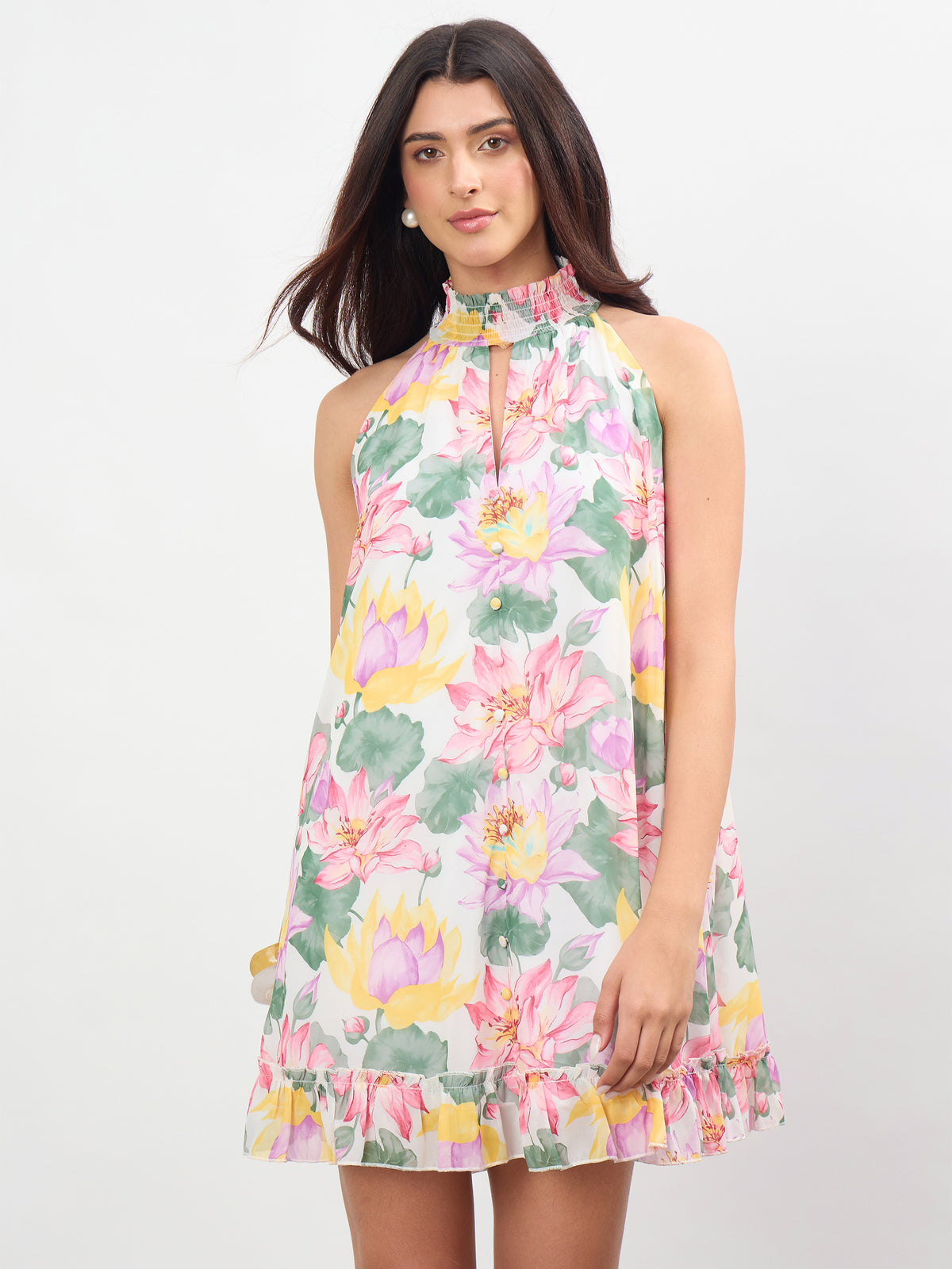 White Multi Floral Halter Neck A-Line Short Dress-SASSAFRAS