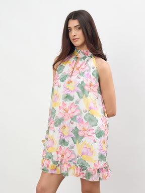 White Multi Floral Halter Neck A-Line Short Dress-SASSAFRAS
