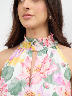 White Multi Floral Halter Neck A-Line Short Dress-SASSAFRAS