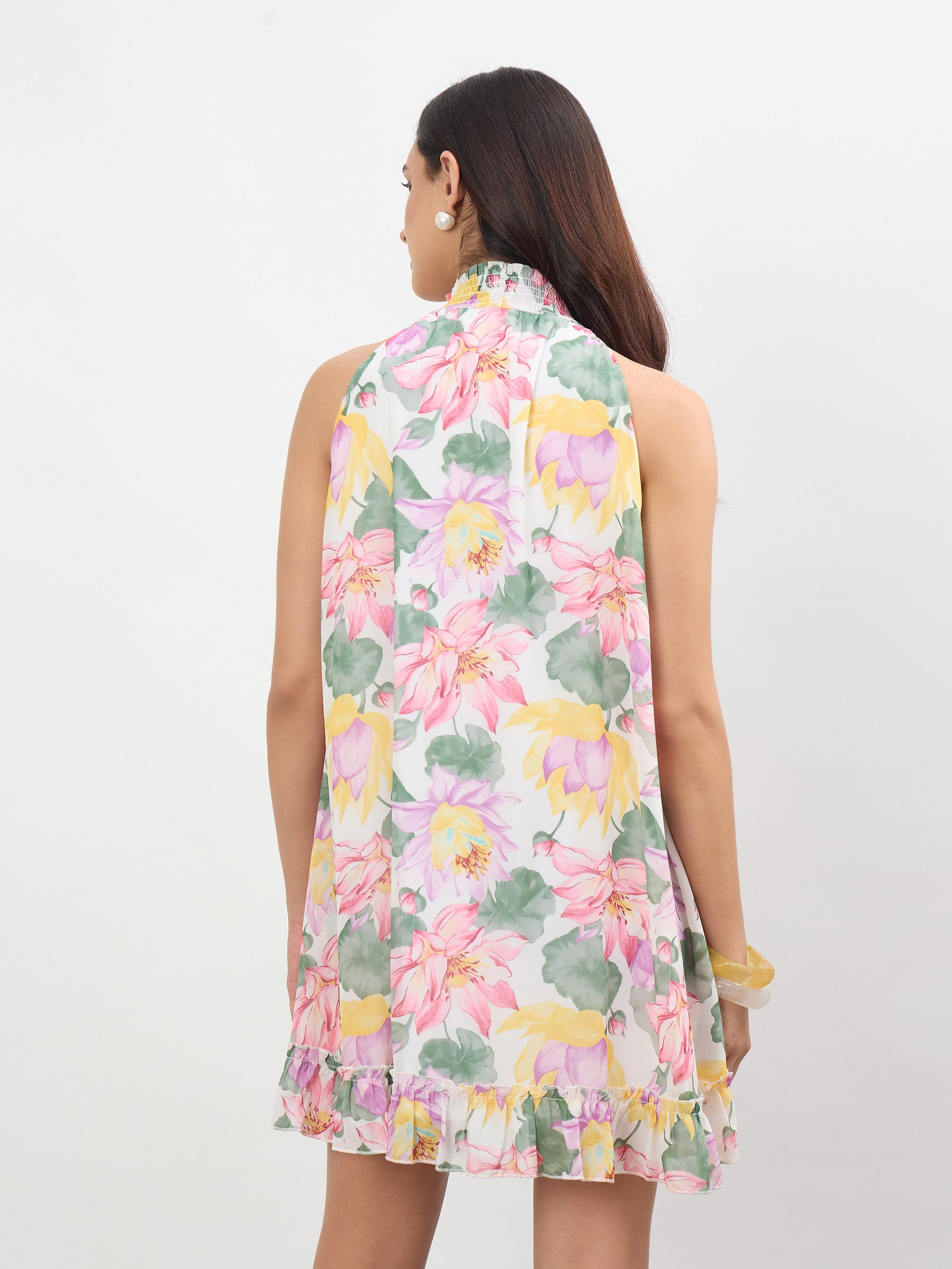 White Multi Floral Halter Neck A-Line Short Dress-SASSAFRAS