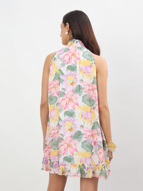 White Multi Floral Halter Neck A-Line Short Dress-SASSAFRAS