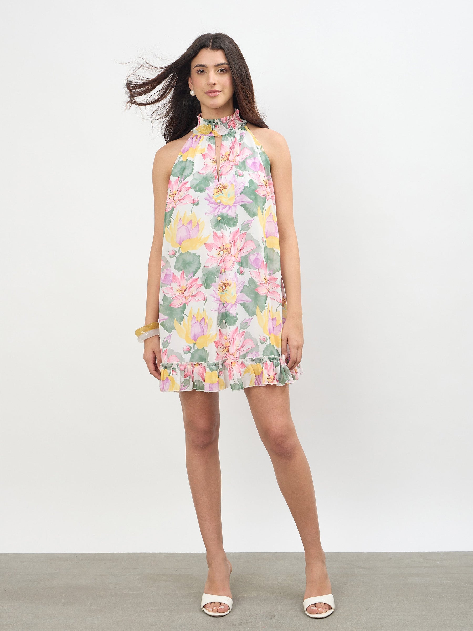 Women White Multi Floral Halter Neck A-Line Short Dress