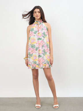 Women White Multi Floral Halter Neck A-Line Short Dress