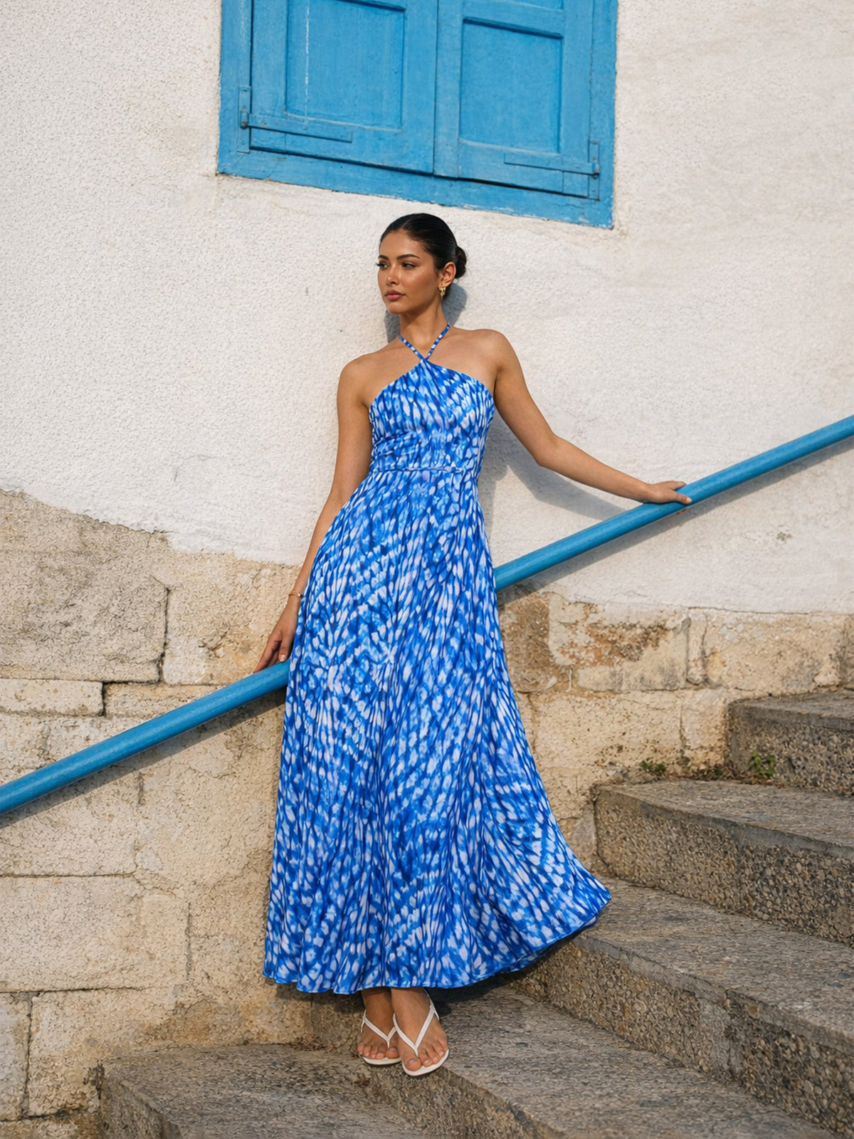 Navy Tie-dye Back Tie Halter Neck Maxi Dress -SASSAFRAS