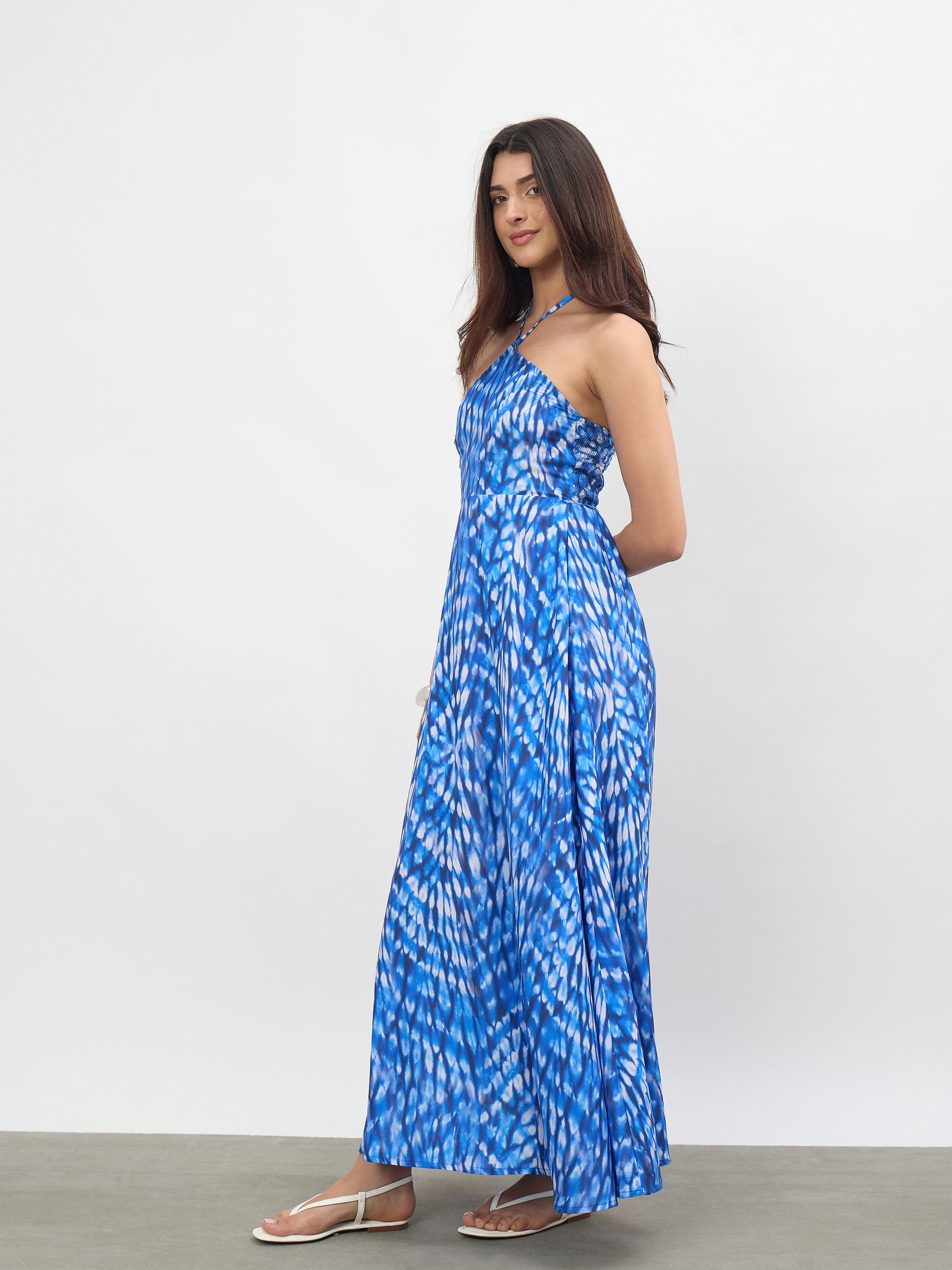 Navy Tie-dye Back Tie Halter Neck Maxi Dress -SASSAFRAS