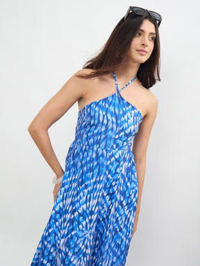 Navy Tie-dye Back Tie Halter Neck Maxi Dress -SASSAFRAS