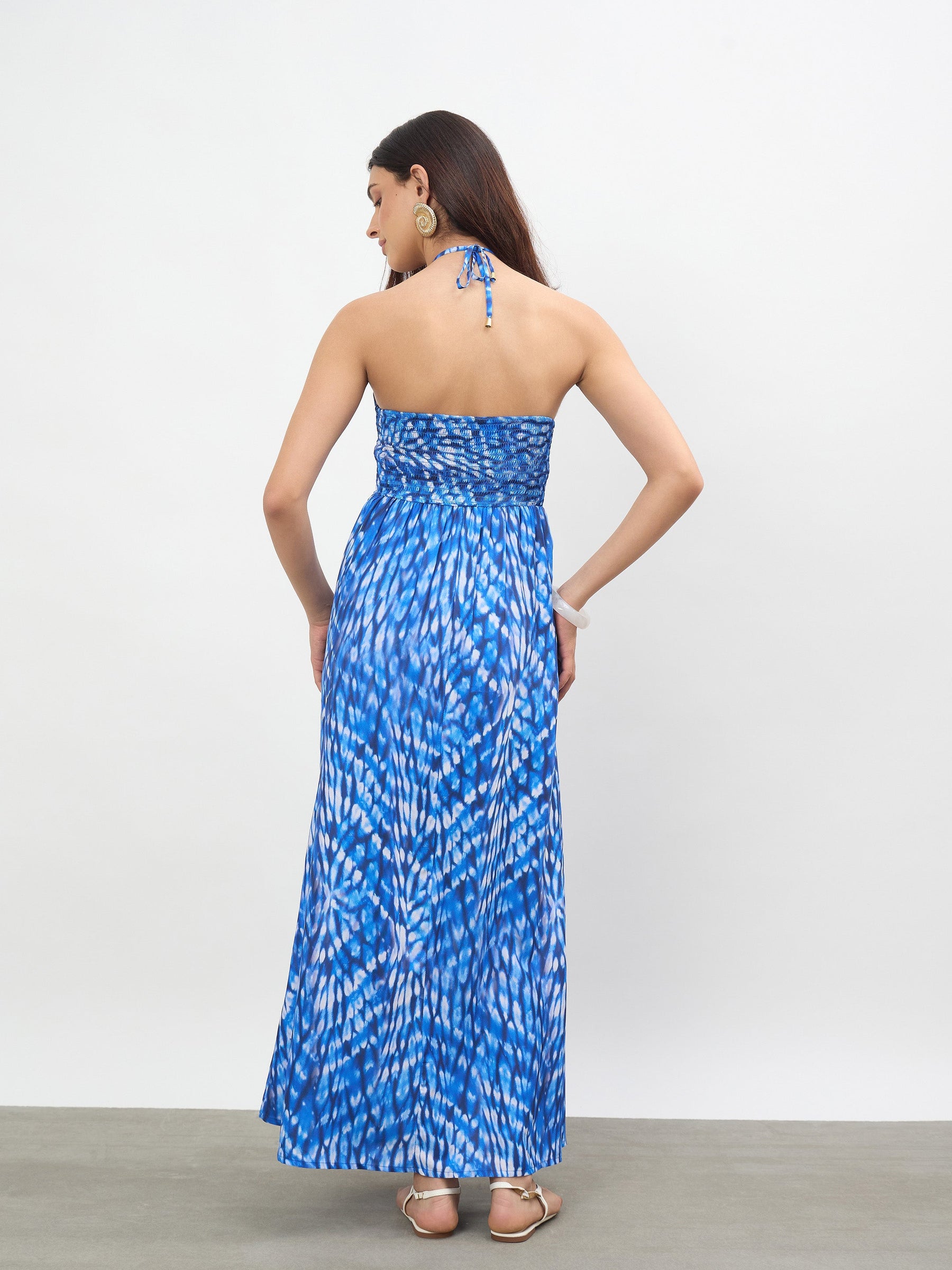 Women Navy Tie-dye Back Tie Halter Neck Maxi Dress