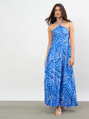 Women Navy Tie-dye Back Tie Halter Neck Maxi Dress