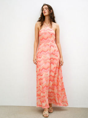 Orange Ikkat Back Tie Halter Neck Maxi Dress -SASSAFRAS