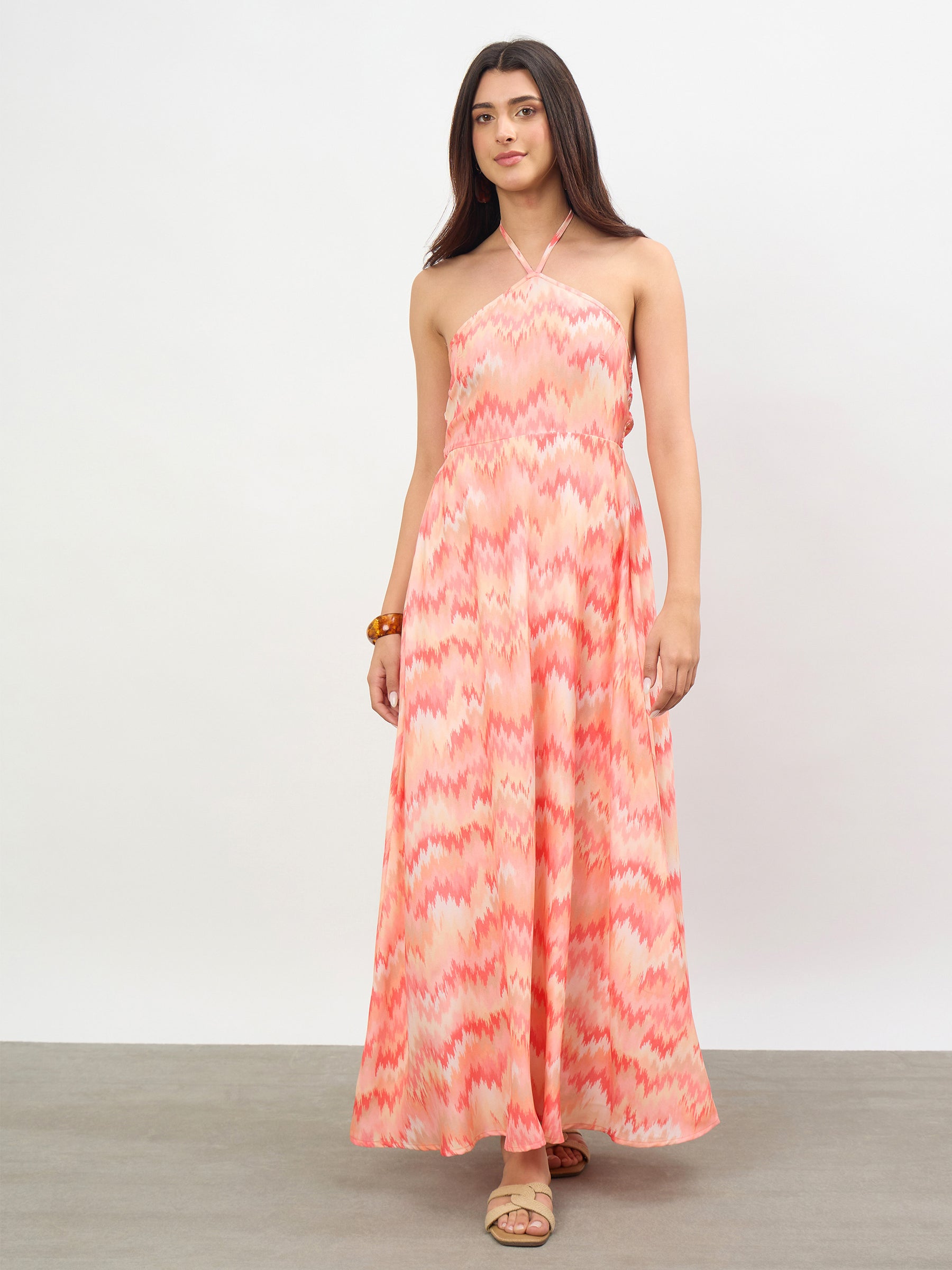 Orange Ikkat Back Tie Halter Neck Maxi Dress -SASSAFRAS