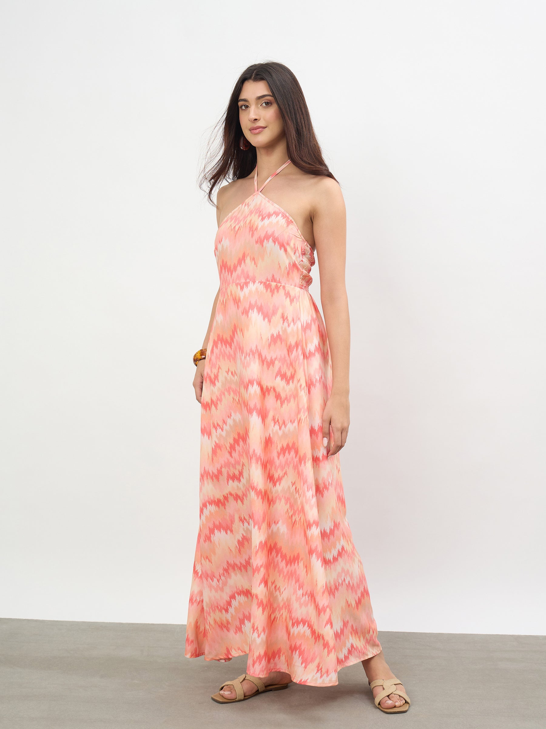 Orange Ikkat Back Tie Halter Neck Maxi Dress -SASSAFRAS