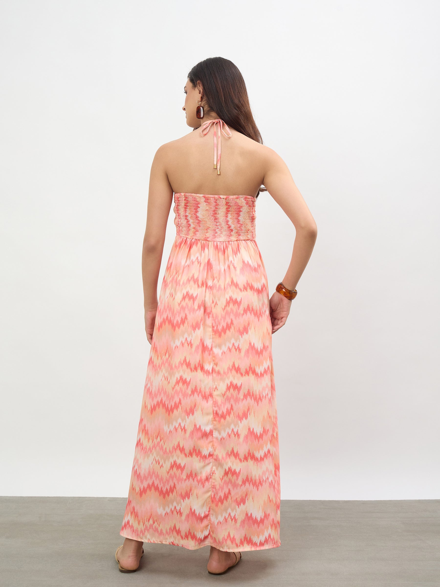 Orange Ikkat Back Tie Halter Neck Maxi Dress -SASSAFRAS