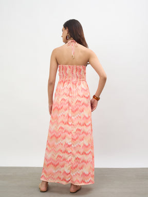 Orange Ikkat Back Tie Halter Neck Maxi Dress -SASSAFRAS