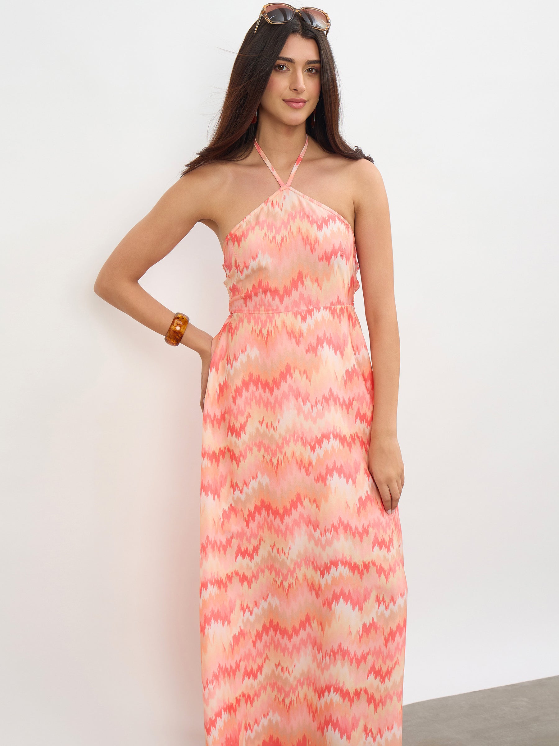 Orange Ikkat Back Tie Halter Neck Maxi Dress -SASSAFRAS