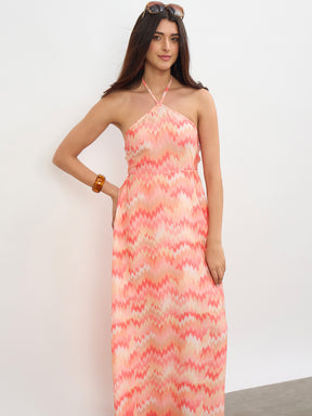 Orange Ikkat Back Tie Halter Neck Maxi Dress -SASSAFRAS