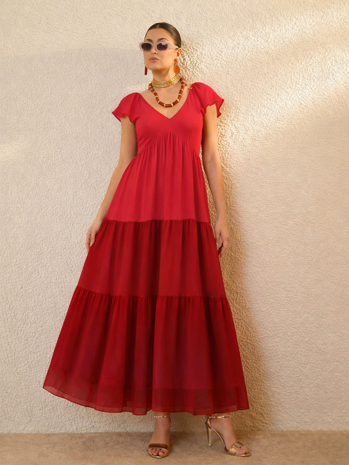 Red Colour Blocked Frill Sleeves Tiered Maxi Dress-SASSAFRAS