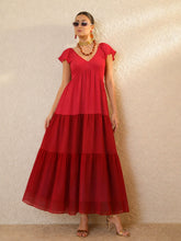 Red Colour Blocked Frill Sleeves Tiered Maxi Dress-SASSAFRAS