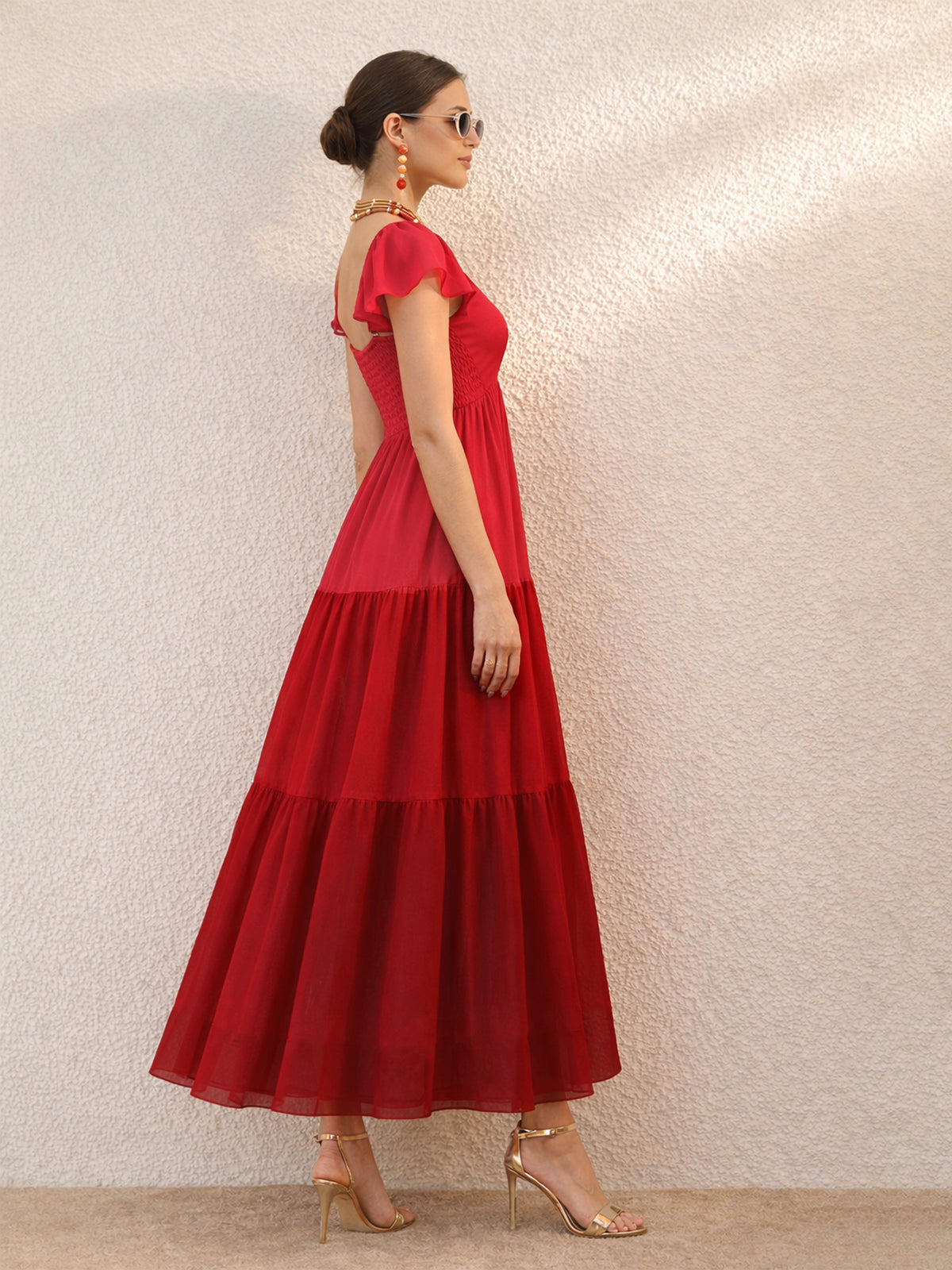 Red Colour Blocked Frill Sleeves Tiered Maxi Dress-SASSAFRAS