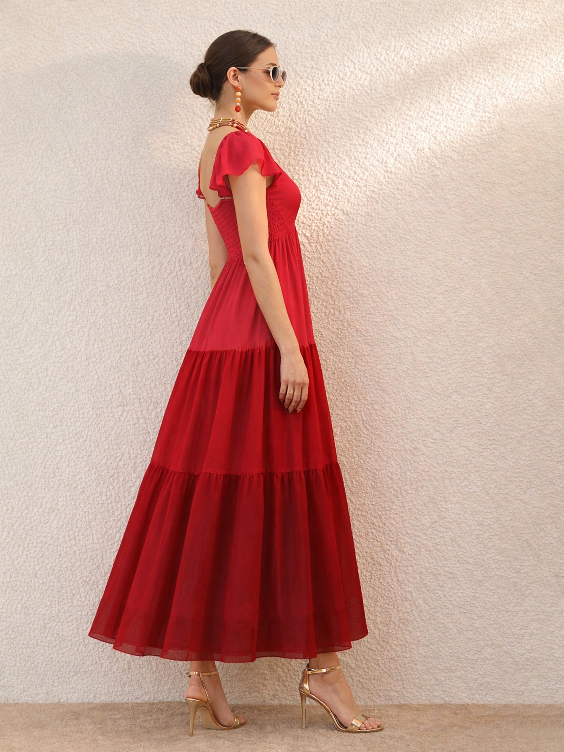 Red Colour Blocked Frill Sleeves Tiered Maxi Dress-SASSAFRAS