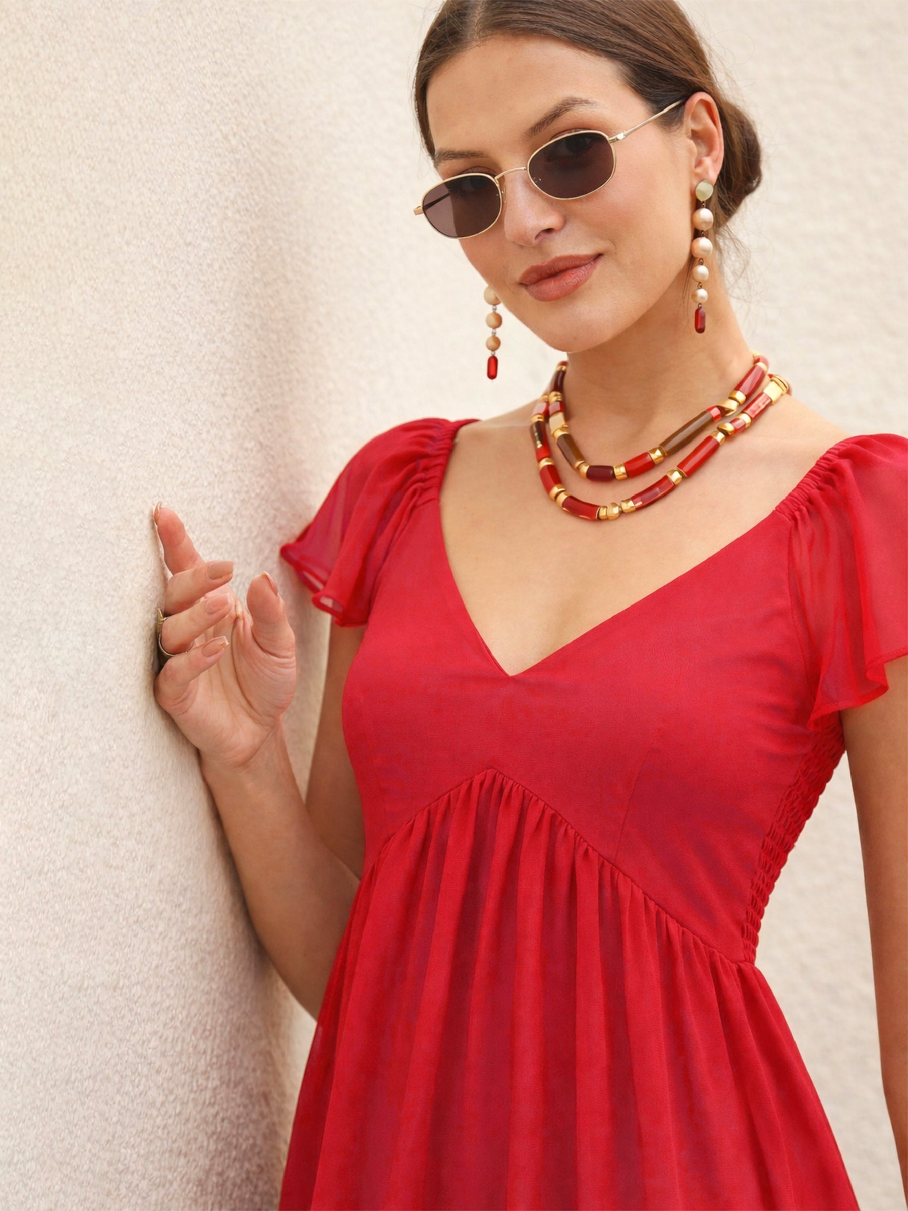 Red Colour Blocked Frill Sleeves Tiered Maxi Dress-SASSAFRAS