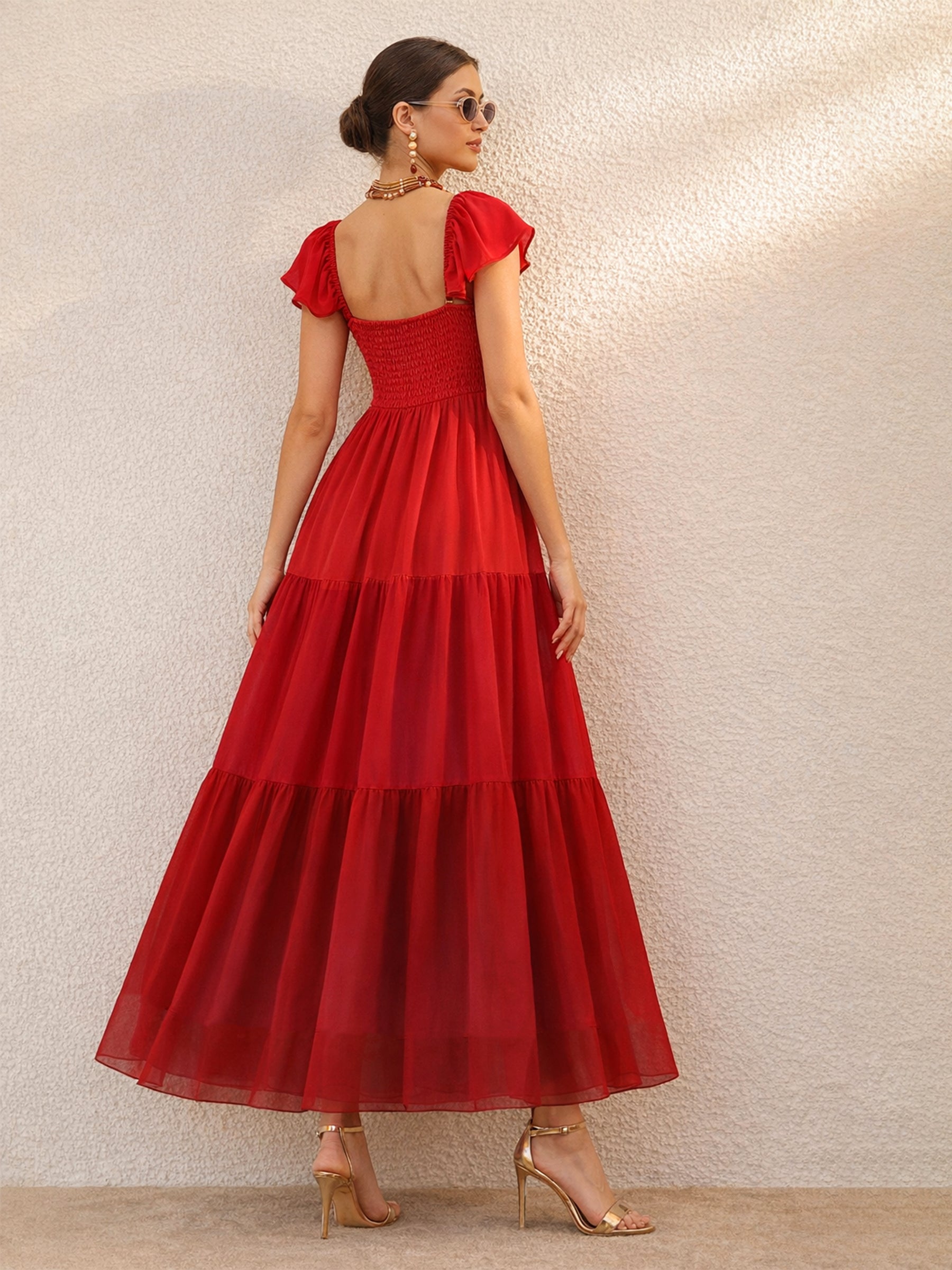 Red Colour Blocked Frill Sleeves Tiered Maxi Dress-SASSAFRAS