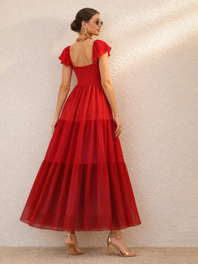 Red Colour Blocked Frill Sleeves Tiered Maxi Dress-SASSAFRAS