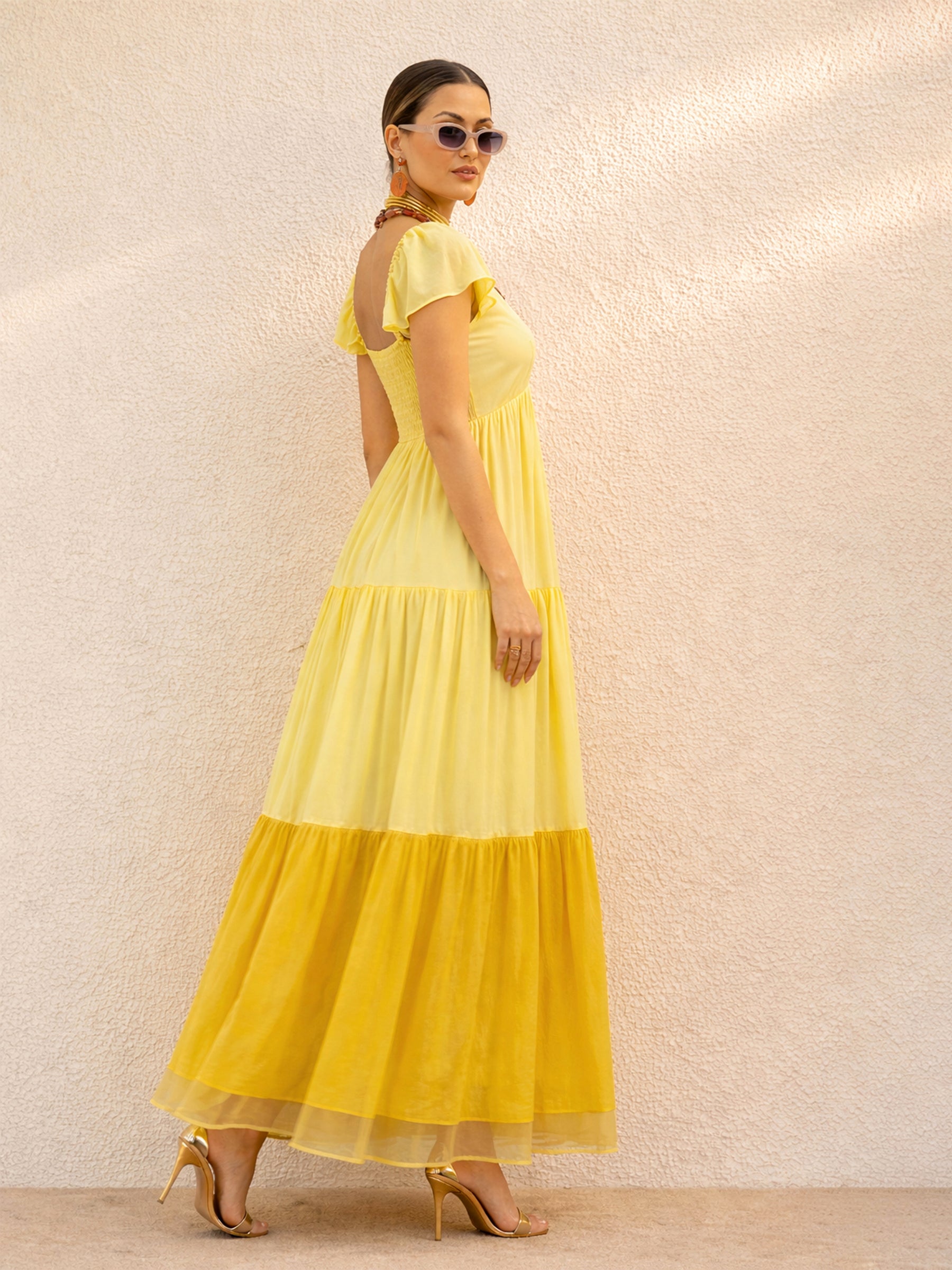 Yellow Colour Blocked Frill Sleeves Tiered Maxi Dress-SASSAFRAS