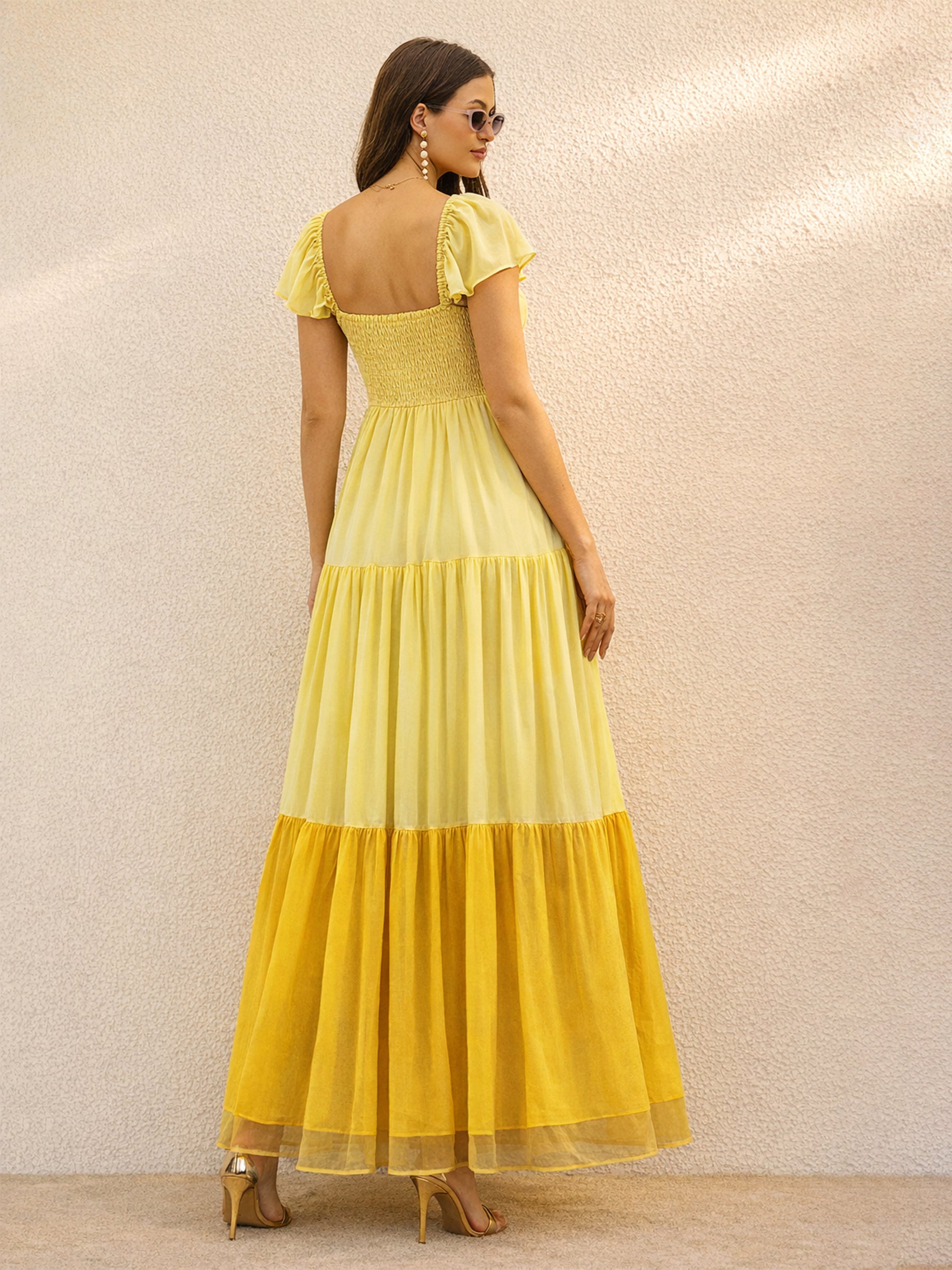 Yellow Colour Blocked Frill Sleeves Tiered Maxi Dress-SASSAFRAS