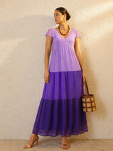 Purple Colour Blocked Frill Sleeves Tiered Maxi Dress-SASSAFRAS