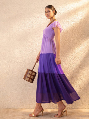 Purple Colour Blocked Frill Sleeves Tiered Maxi Dress-SASSAFRAS