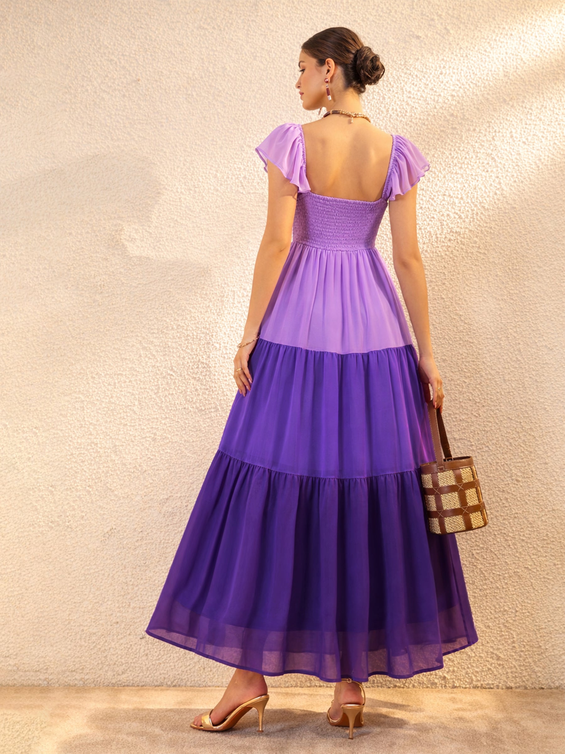 Purple Colour Blocked Frill Sleeves Tiered Maxi Dress-SASSAFRAS