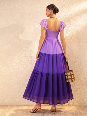 Purple Colour Blocked Frill Sleeves Tiered Maxi Dress-SASSAFRAS