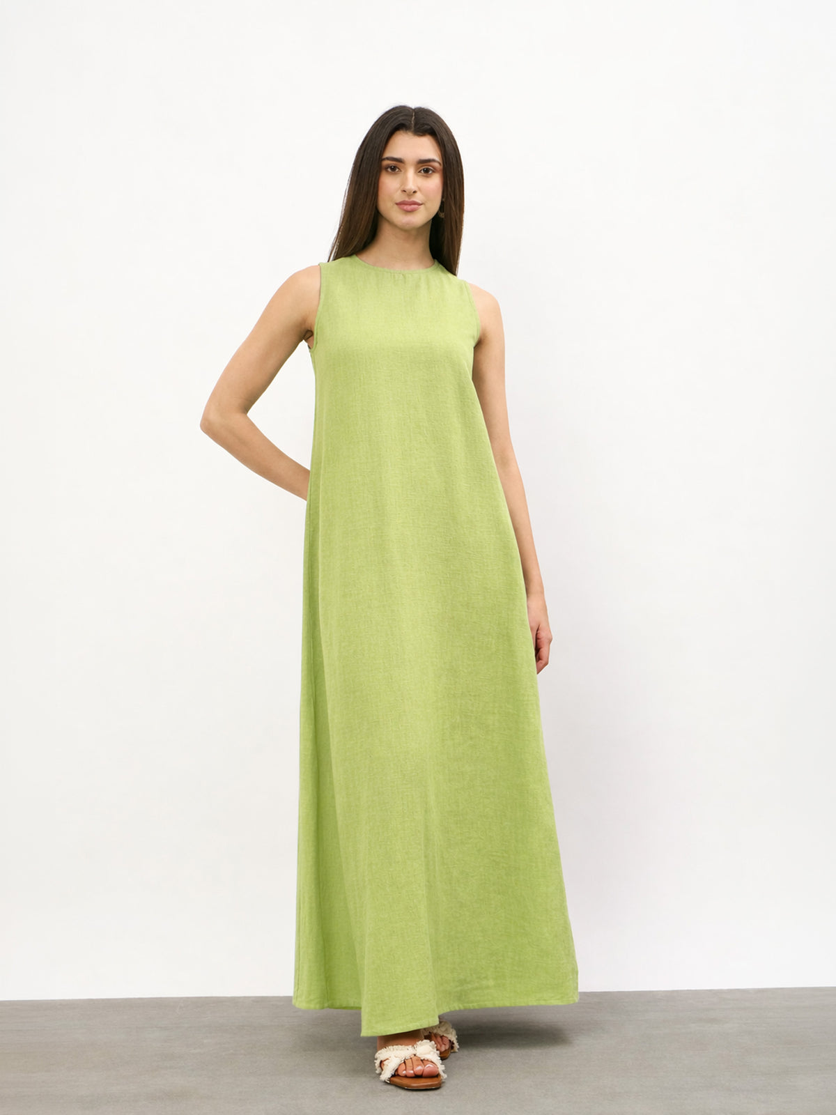 Green Solid Sleeveless A-Line Maxi Dress -SASSAFRAS