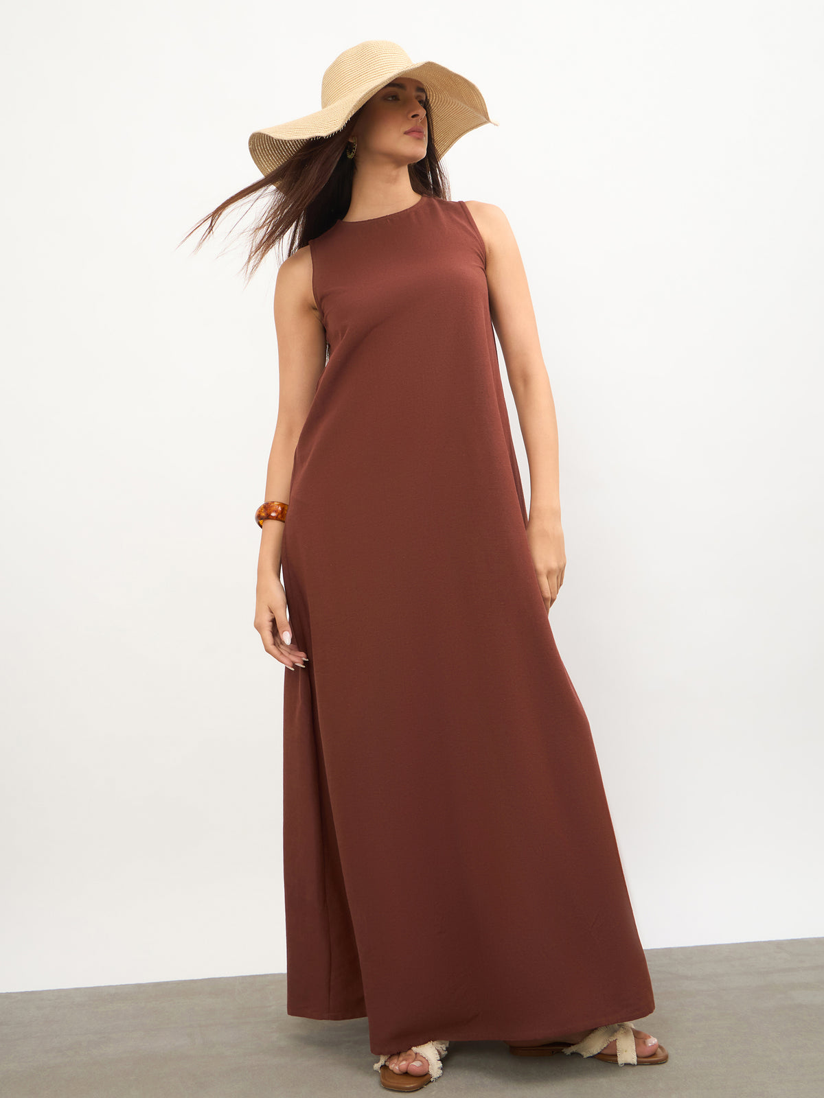 Brown Solid Sleeveless A-Line Maxi Dress -SASSAFRAS